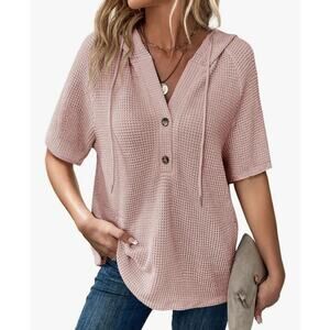 Dokotoo Hoodie Women Waffle Knit Long Sleeve Drawstring Button V Neck - Size 2XL